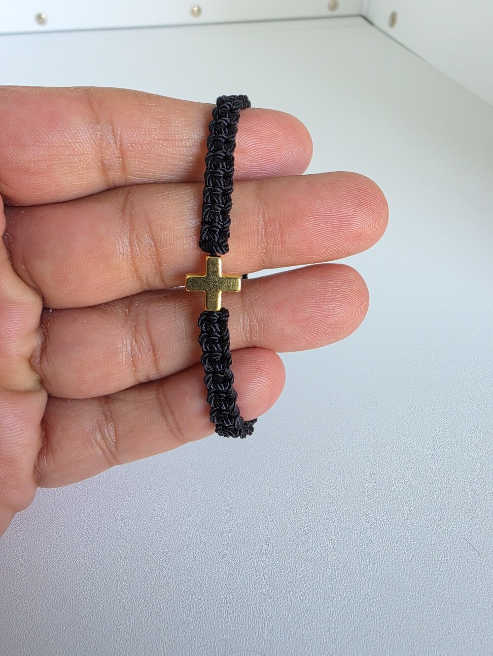 Handmade Black Macrame Cross Bracelet Adjustable Gold Tone Christian Unisex